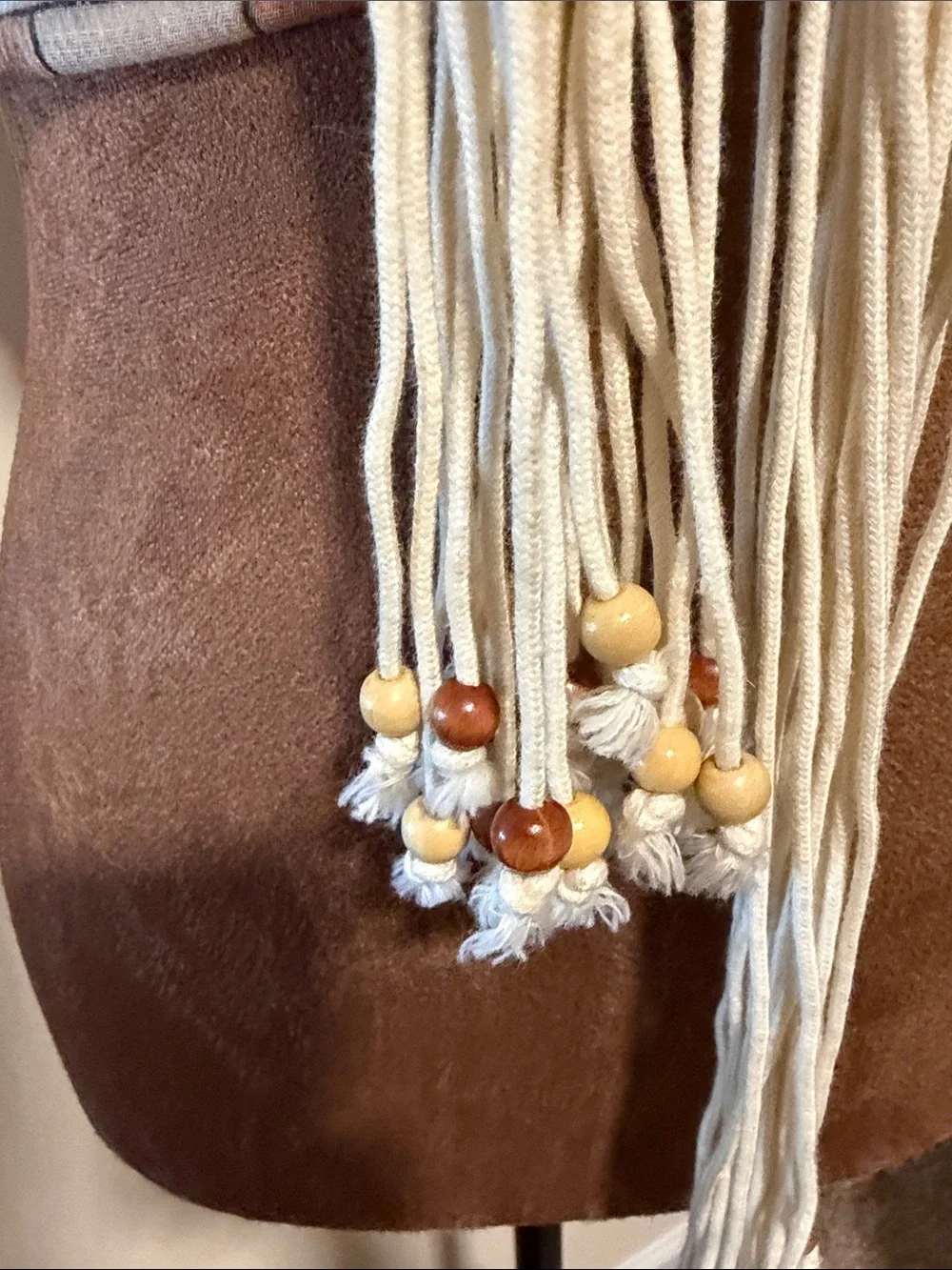 Macramé Fringe Tie Belt with Wooden Bead Detail — Cream and Brown